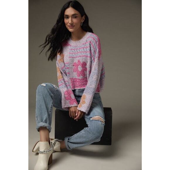 Moon & Madison Sweater XS Purple Floral Cropped Patchwork Wool Swifty Love Era - Picture 1 of 10